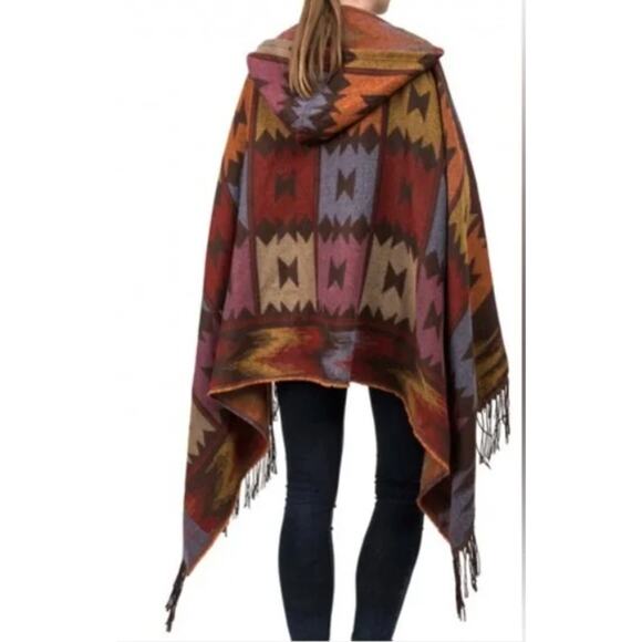 Euty Women’s Oversized Patterned Poncho w/ Hoodie Sweater One Size Red Orange - Picture 3 of 6